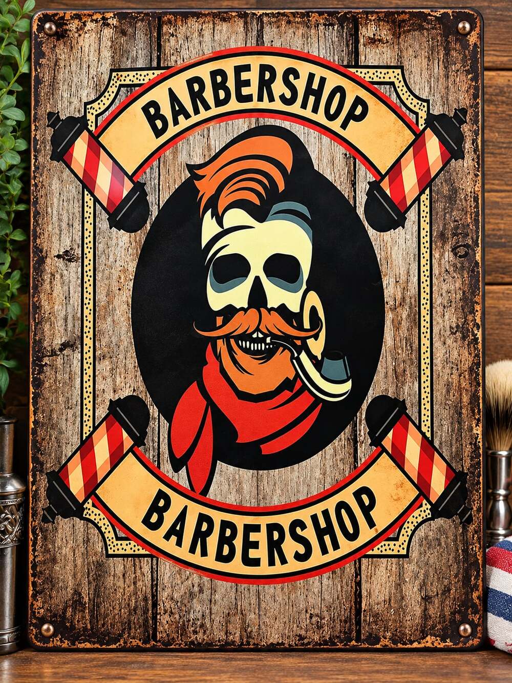 Barbershop Vintage Metal Tin Sign Skull Barber Pole Wall Decor
